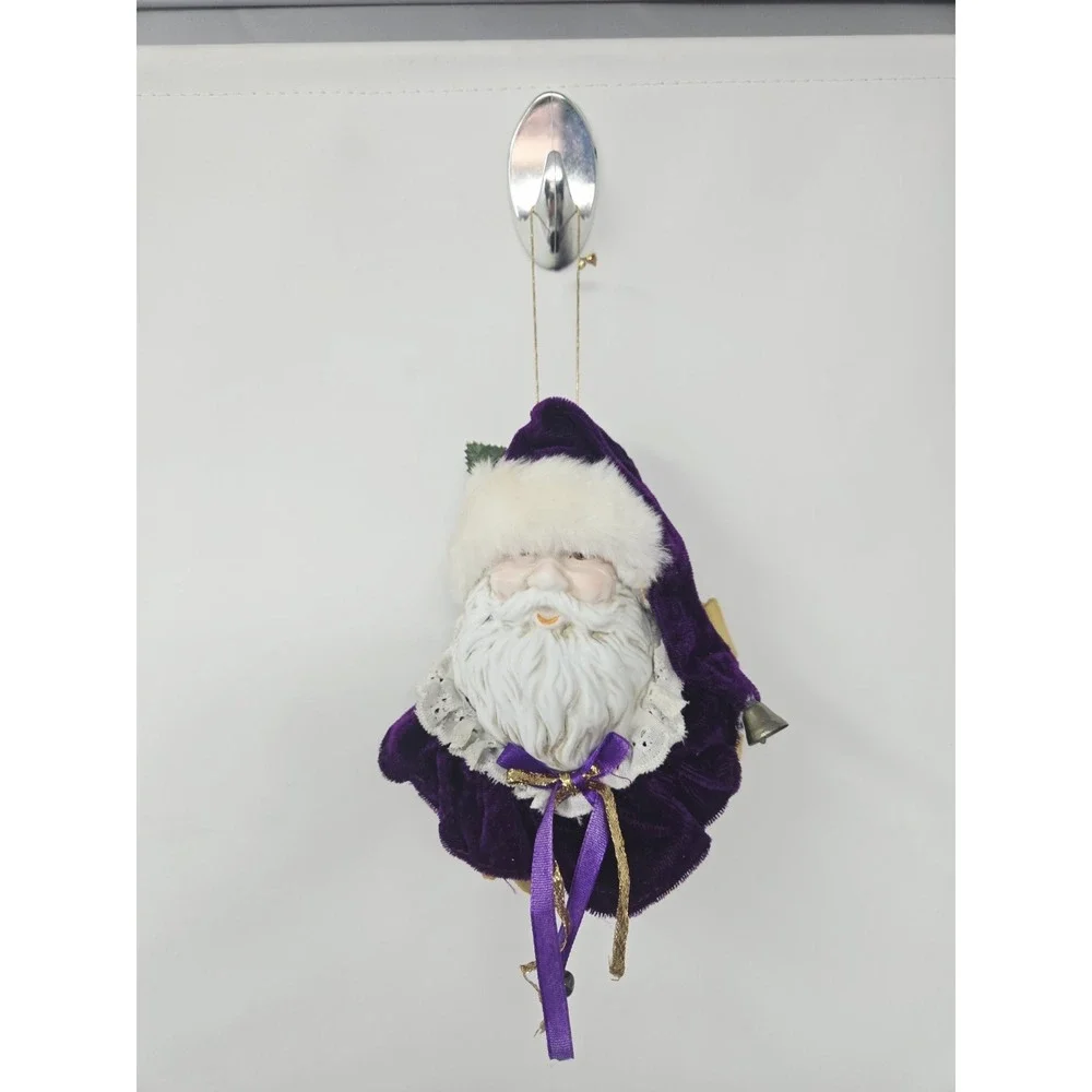 Vintage Santa Head Ornament Or Shelf Sitter White  Purple w Porcelain Face Lot 2